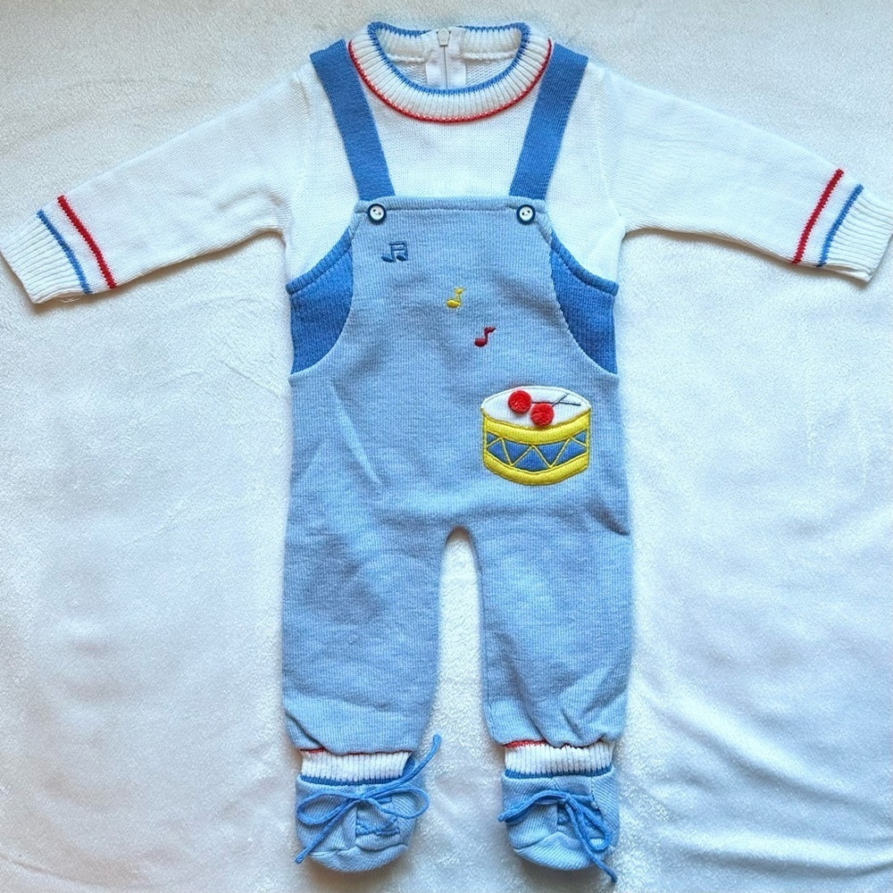 Vintage Unbranded Knit Baby Boy Outfit One Piece NB drum music blue overall